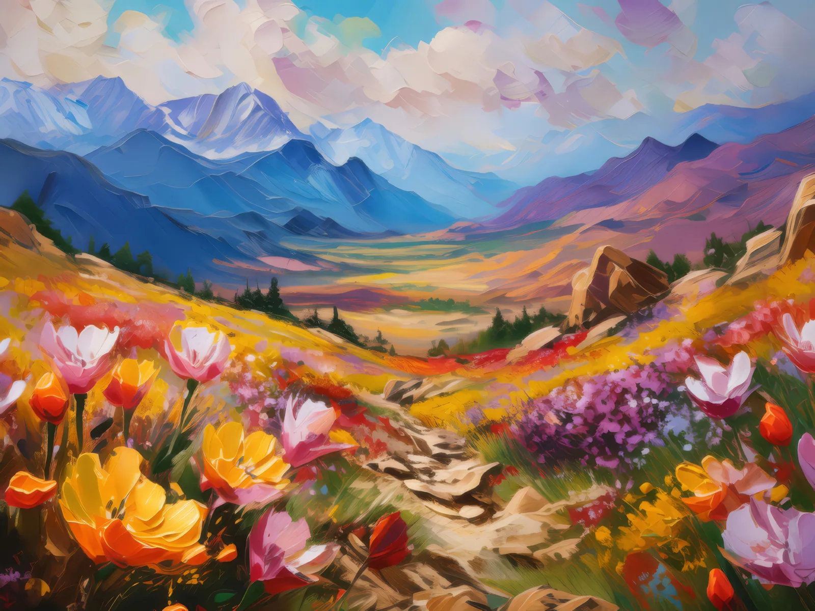 Vibrant Alpine Desert Blooms, a palette-knife oil landscape by Emma Mickelberg