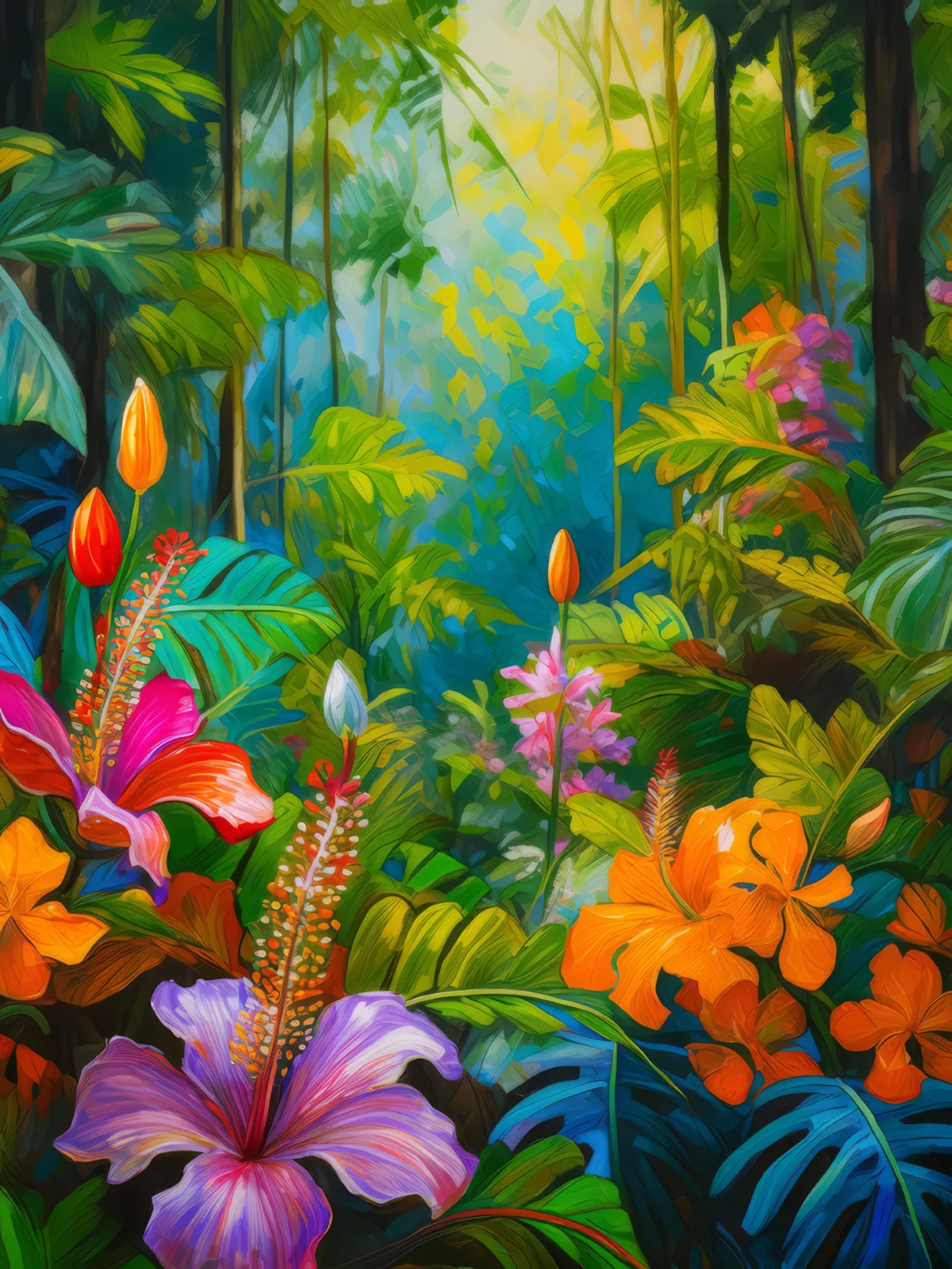 Vibrant Jungle Flower Bloom, a palette-knife oil landscape by Emma Mickelberg