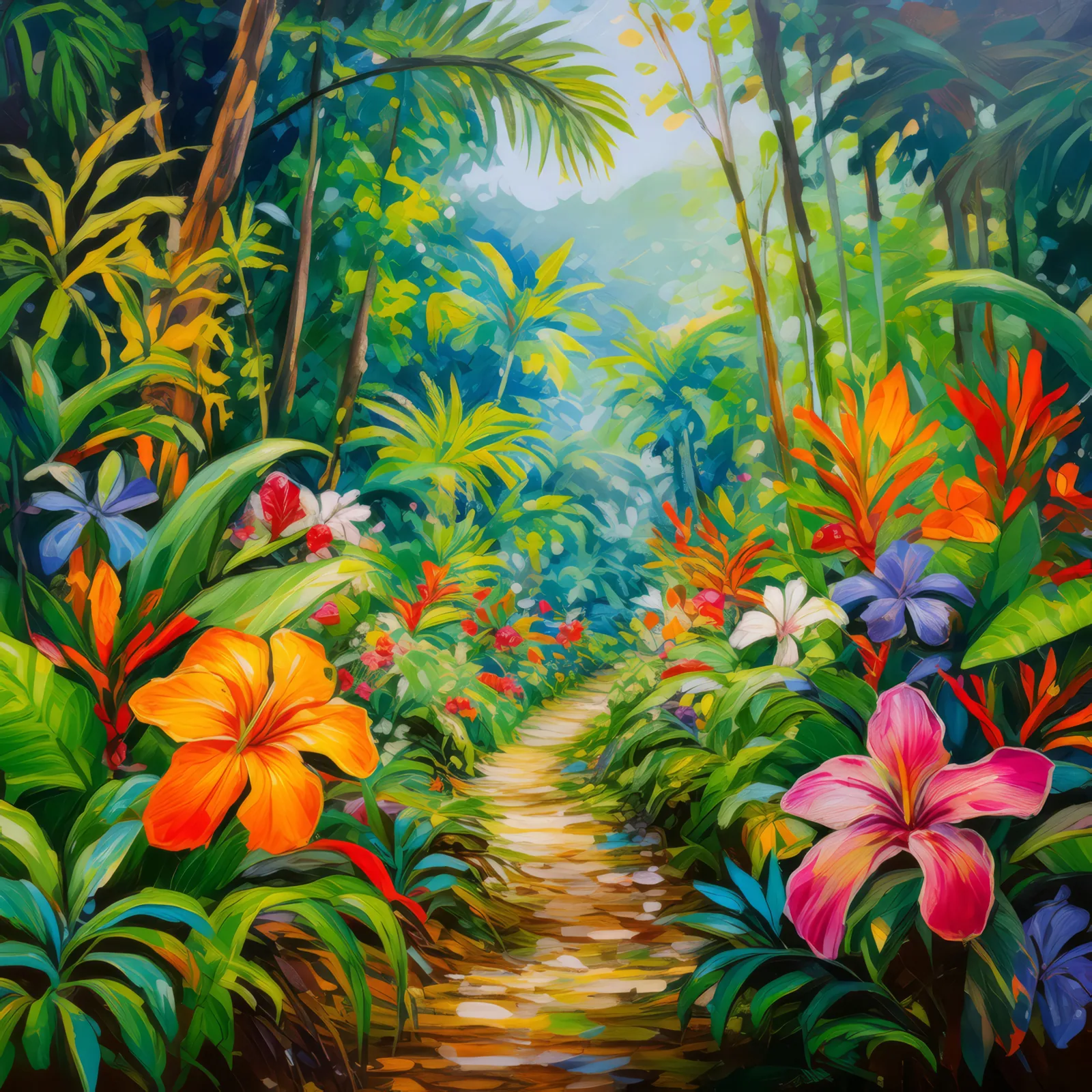 Vibrant Jungle Flower Trail, a palette-knife oil landscape by Emma Mickelberg