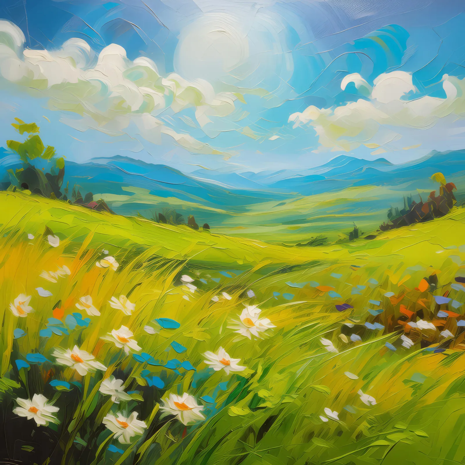 Vibrant Summer Grassland, a palette-knife oil landscape by Emma Mickelberg