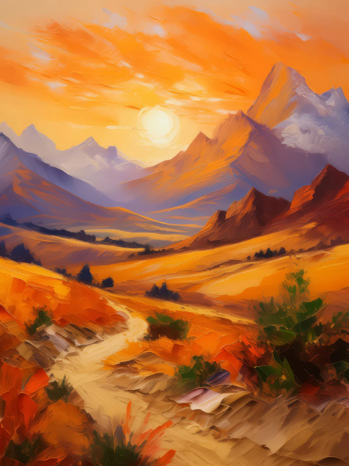 Vivid Alpine Desert Sunrise, a palette-knife oil landscape by Emma Mickelberg