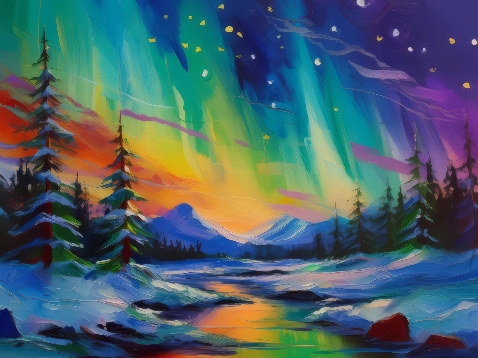 Vivid Aurora Over Desert, a palette-knife oil landscape by Emma Mickelberg