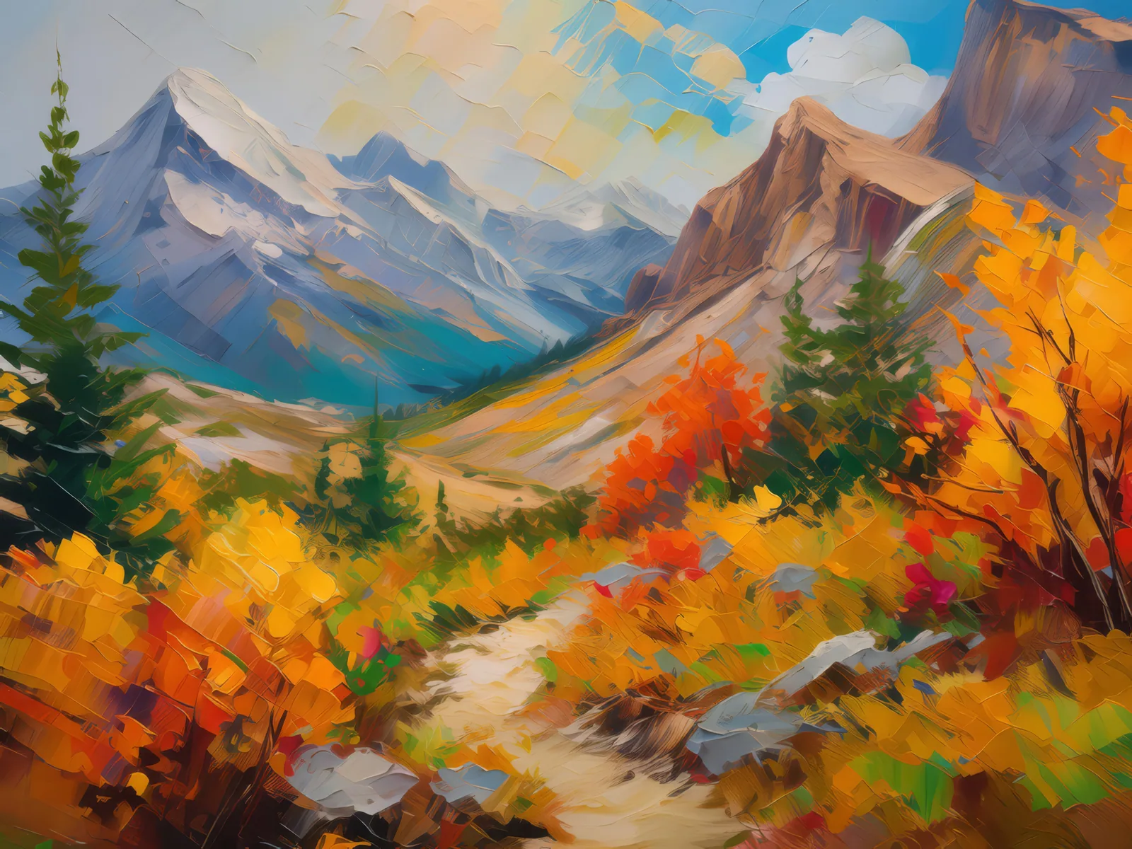 Vivid Autumn in Alpine Desert, a palette-knife oil landscape by Emma Mickelberg