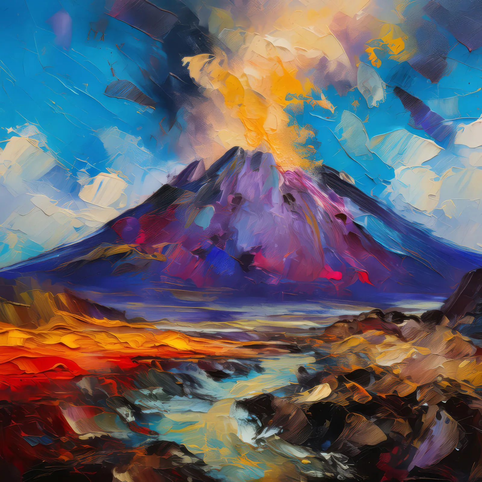 Volcanic Crag Landscape, a palette-knife oil landscape by Emma Mickelberg