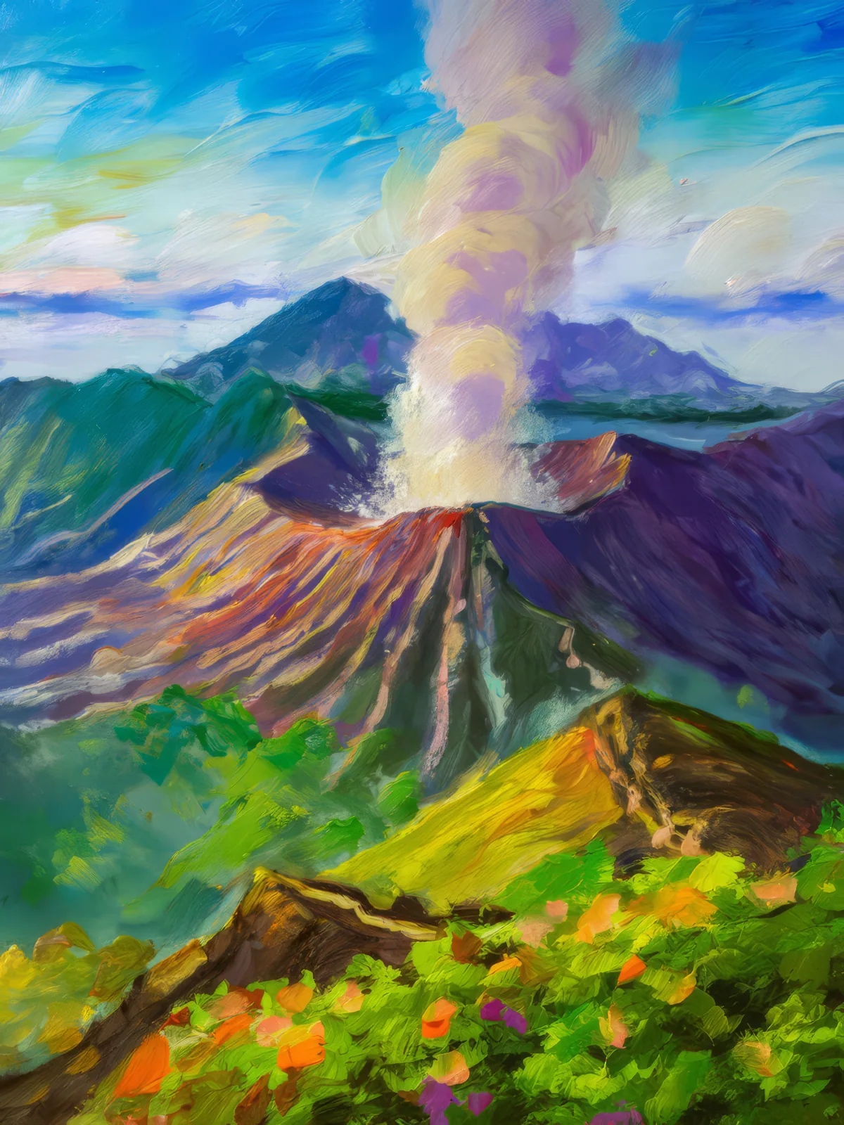 Volcanic Crater Tropical Peak, a palette-knife oil landscape by Emma Mickelberg