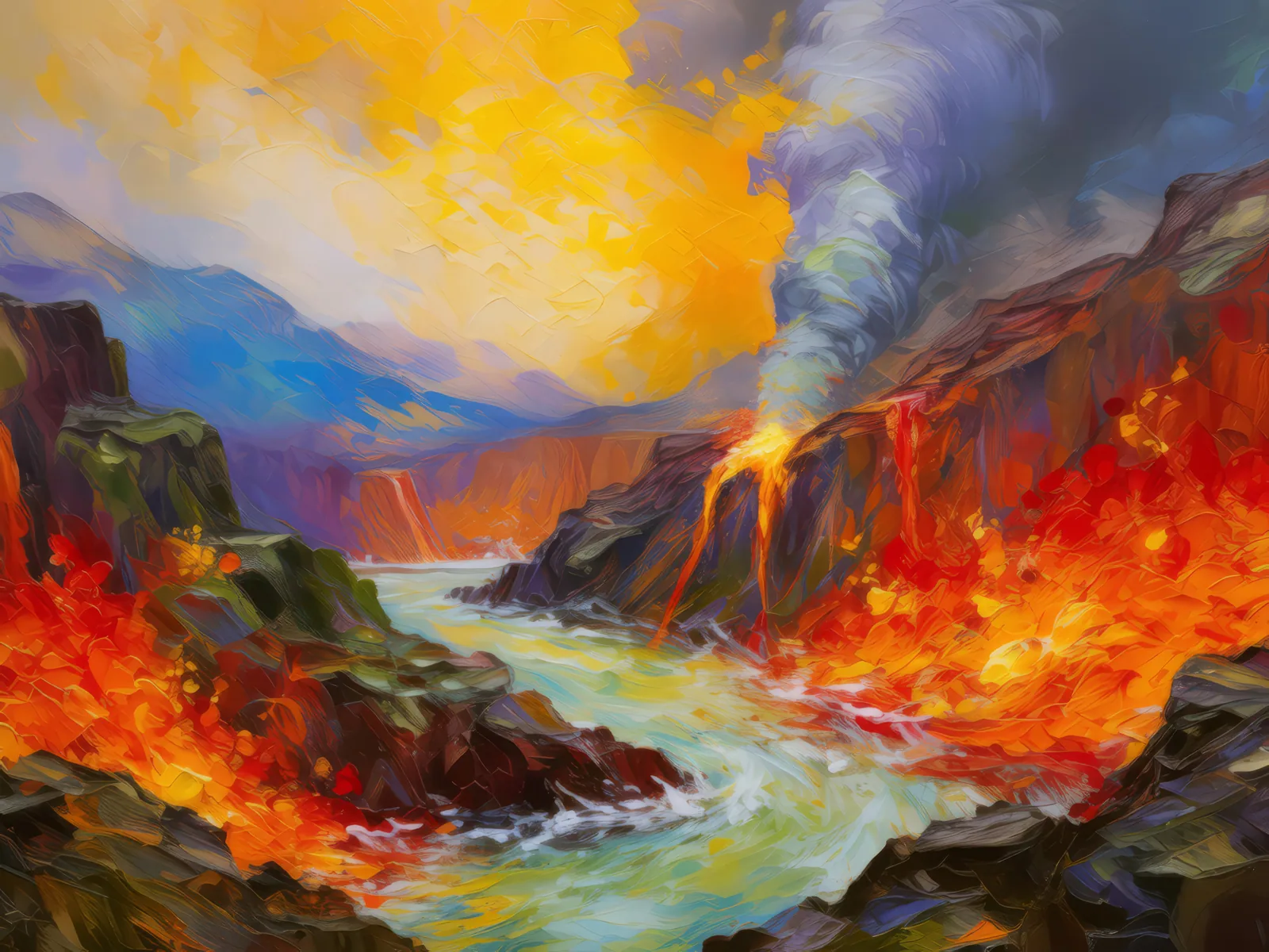 Volcanic Eruption Chasm, a palette-knife oil landscape by Emma Mickelberg