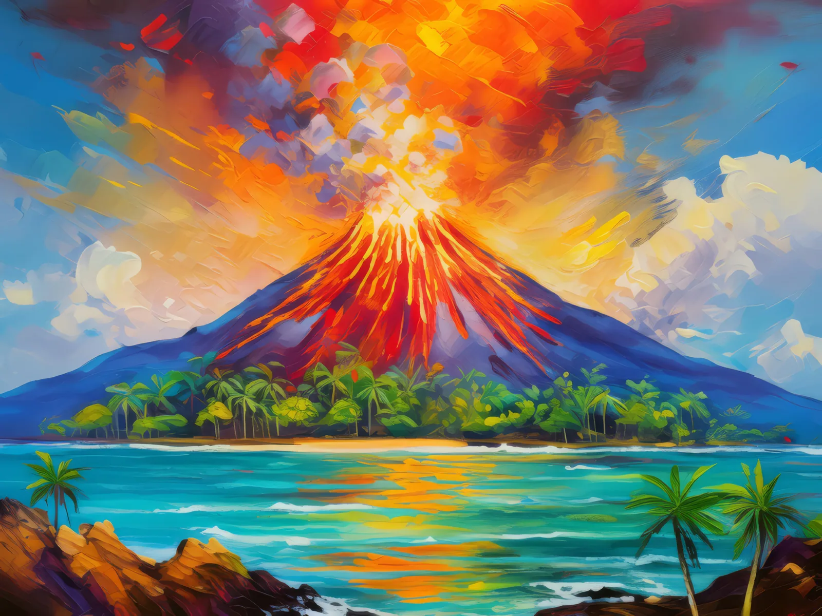 Volcanic Eruption Island, a palette-knife oil landscape by Emma Mickelberg