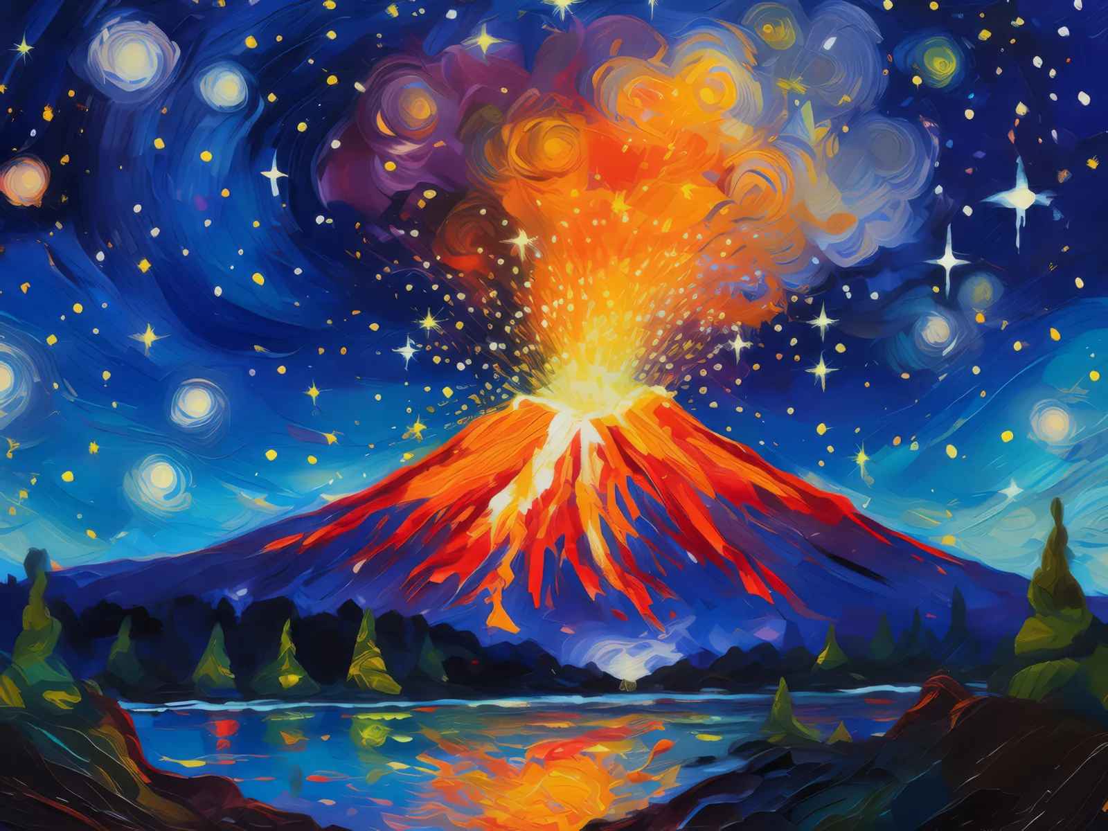 Volcanic Eruption Night, a palette-knife oil landscape by Emma Mickelberg