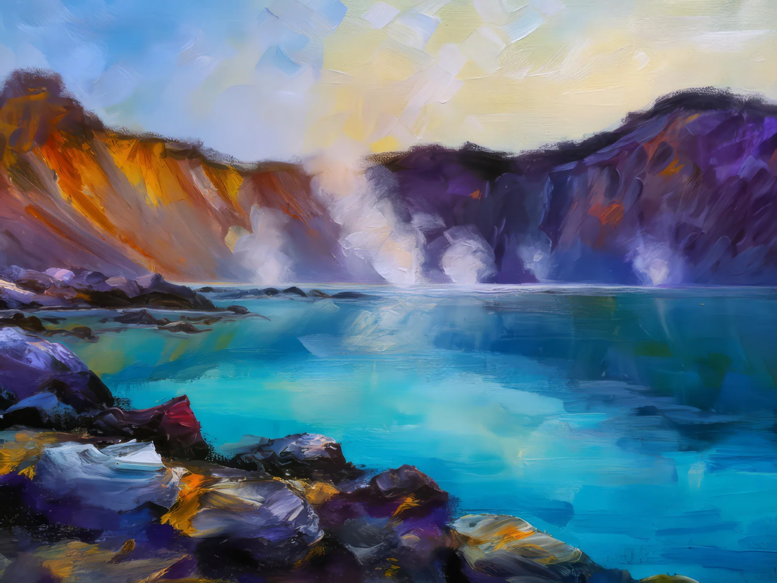 Volcanic Lake Morning, a palette-knife oil landscape by Emma Mickelberg