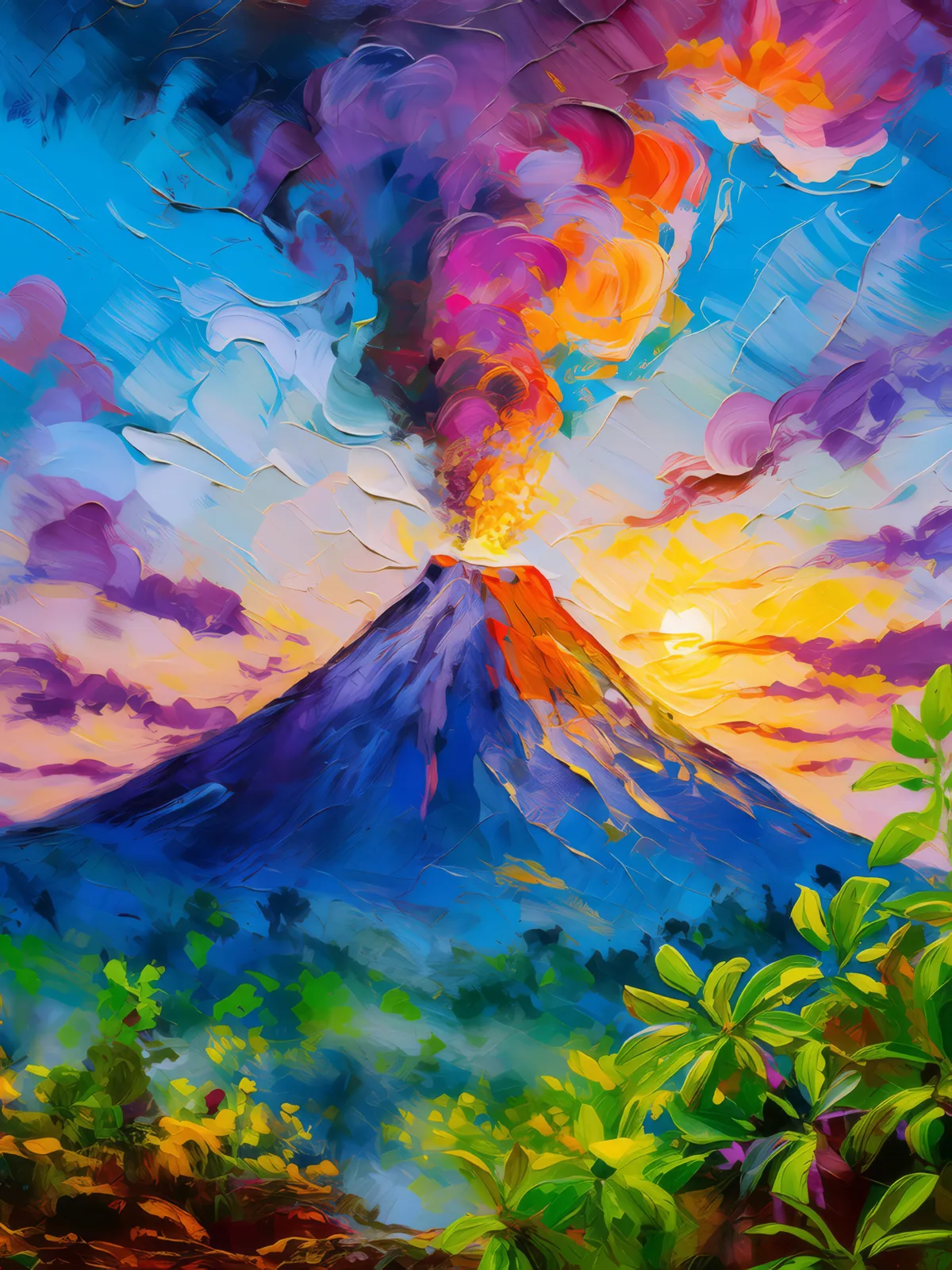 Volcanic Peak at Sunrise, a palette-knife oil landscape by Emma Mickelberg