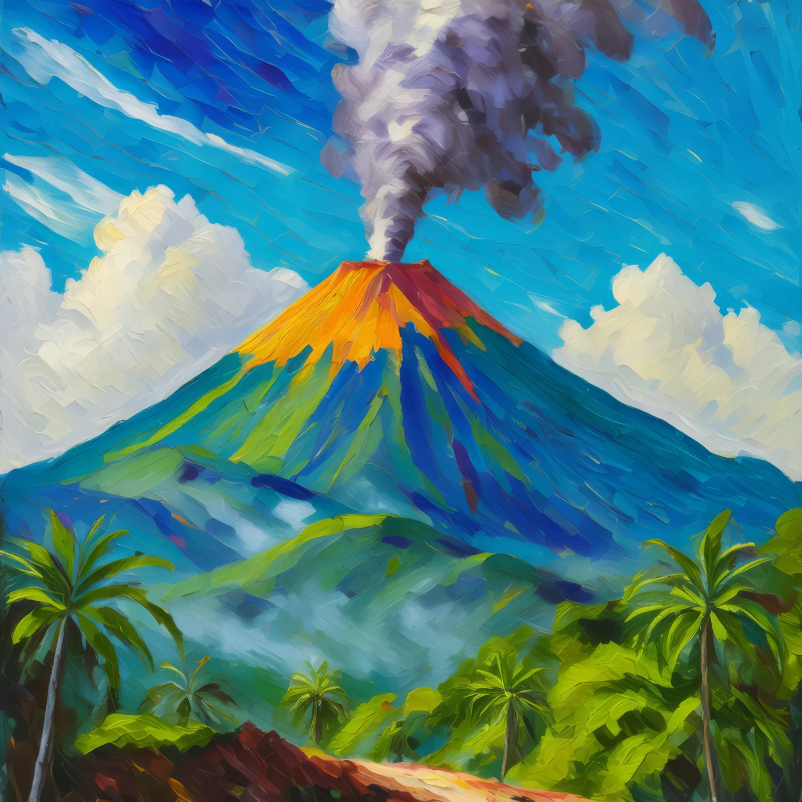 Volcanic Peak in Tropics, a palette-knife oil landscape by Emma Mickelberg
