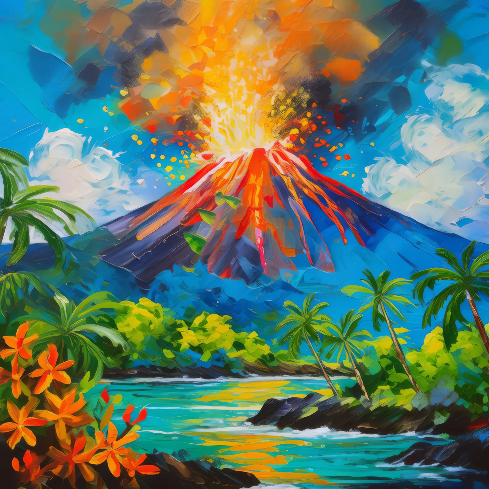 Volcanic Tropical Mountain, a palette-knife oil landscape by Emma Mickelberg