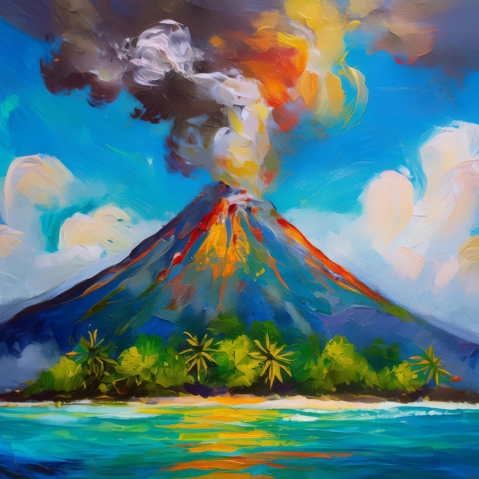Volcano Amongst the Clouds, a palette-knife oil landscape by Emma Mickelberg