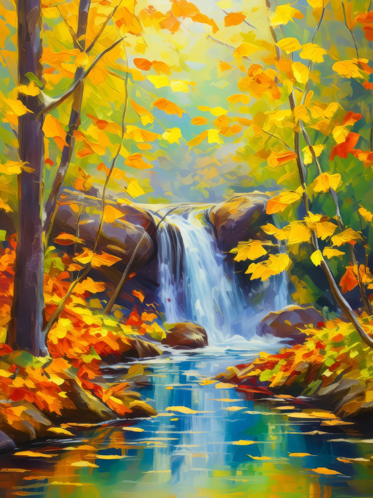 Waterfall Amidst Autumn Glory, a palette-knife oil landscape by Emma Mickelberg