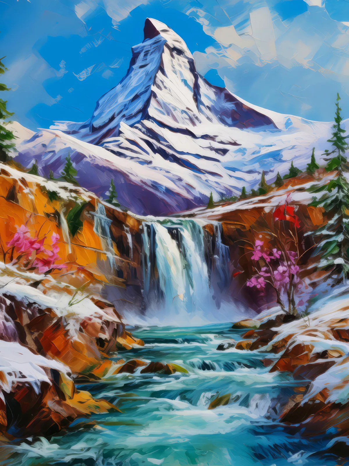 Waterfall Amidst Frozen Peaks, a palette-knife oil landscape by Emma Mickelberg
