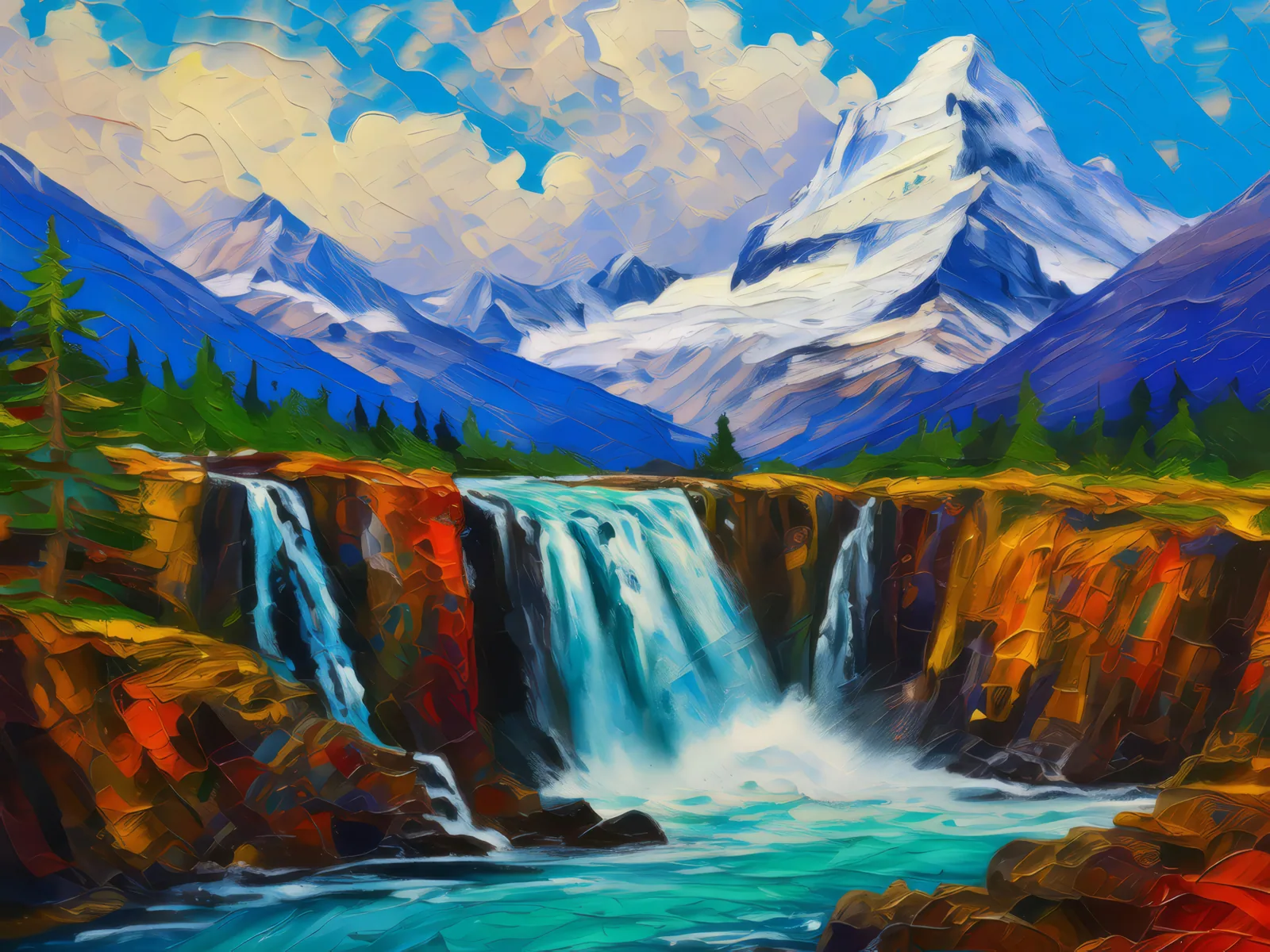 Waterfall Among Snow Peaks, a palette-knife oil landscape by Emma Mickelberg