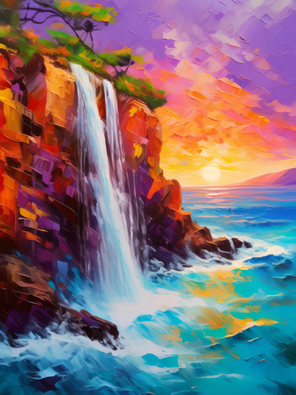 Waterfall at Cliff's Edge, a palette-knife oil landscape by Emma Mickelberg