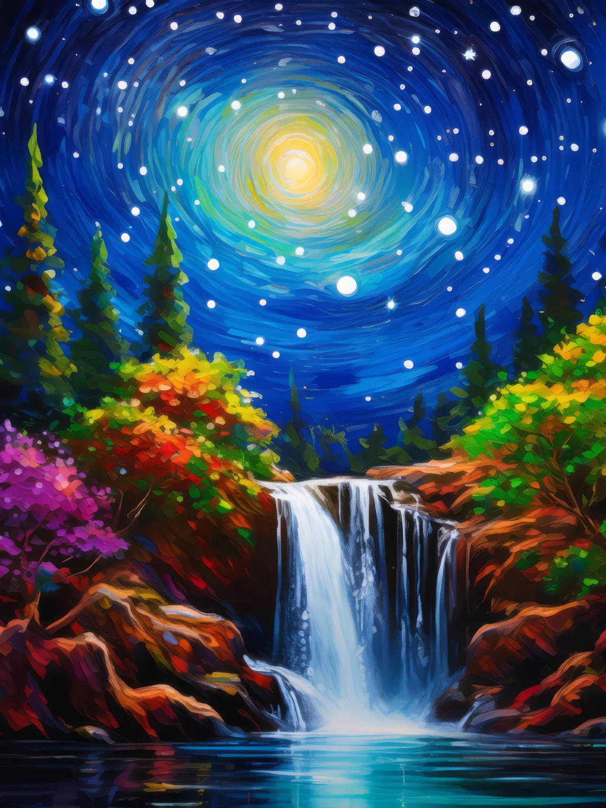 Waterfall Beneath Starry Sky, a palette-knife oil landscape by Emma Mickelberg