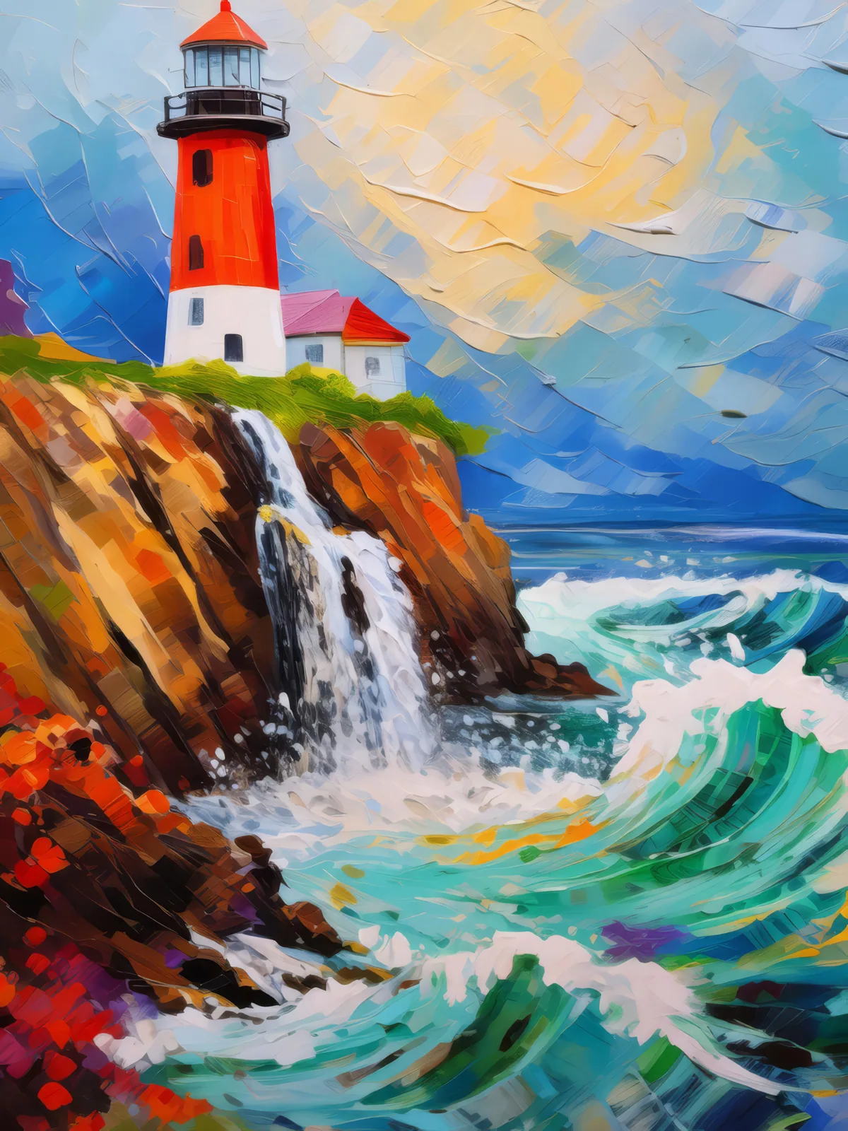 Waterfall by the Lighthouse, a palette-knife oil landscape by Emma Mickelberg