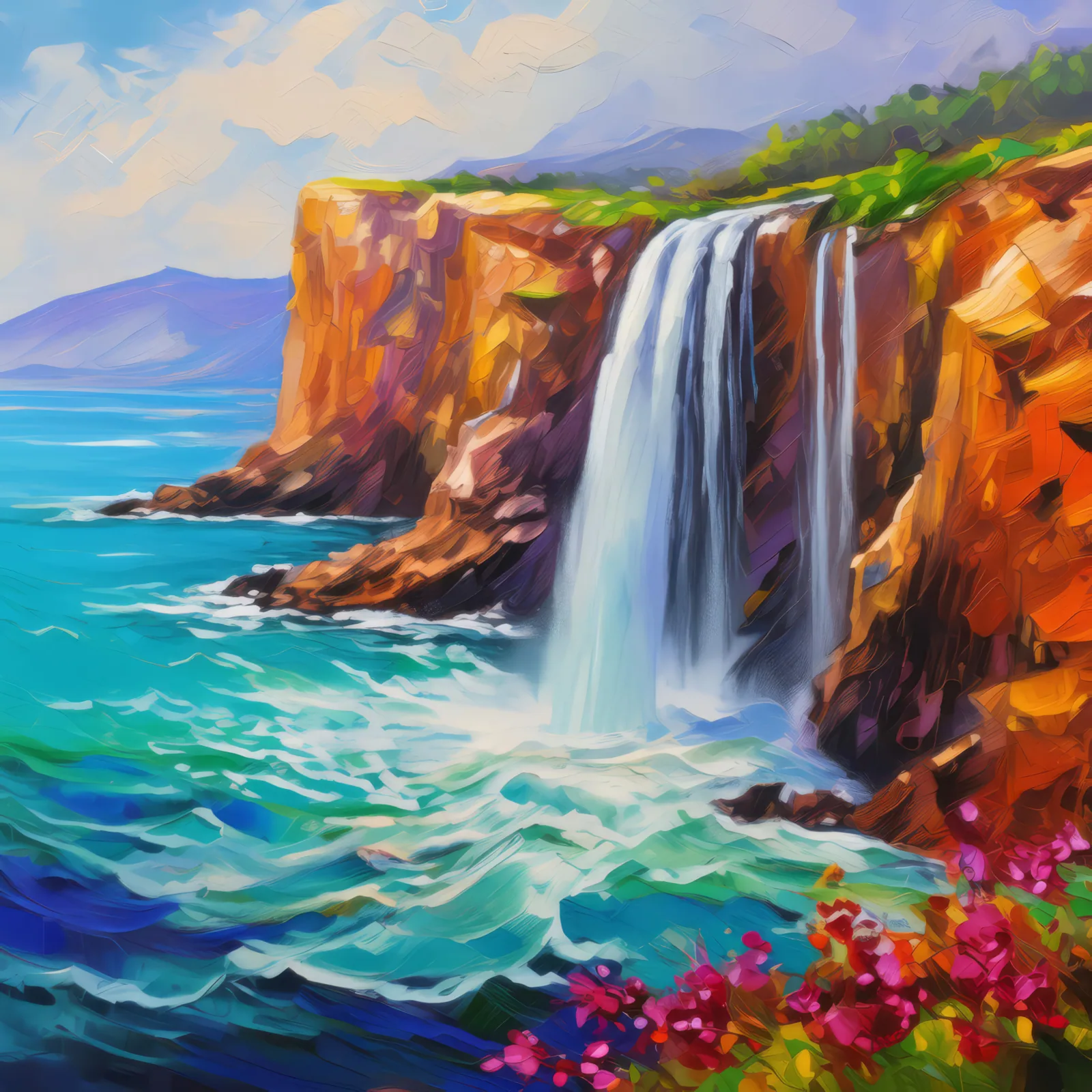 Waterfall Cascading into Ocean, a palette-knife oil landscape by Emma Mickelberg