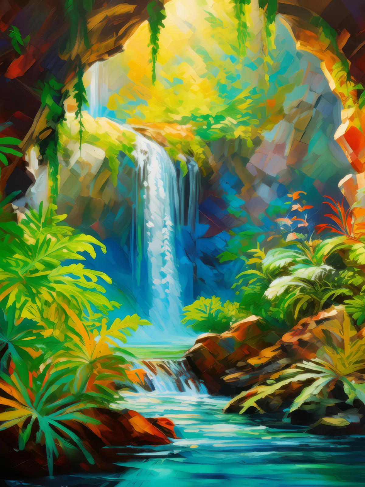 Waterfall Cave Grotto, a palette-knife oil landscape by Emma Mickelberg