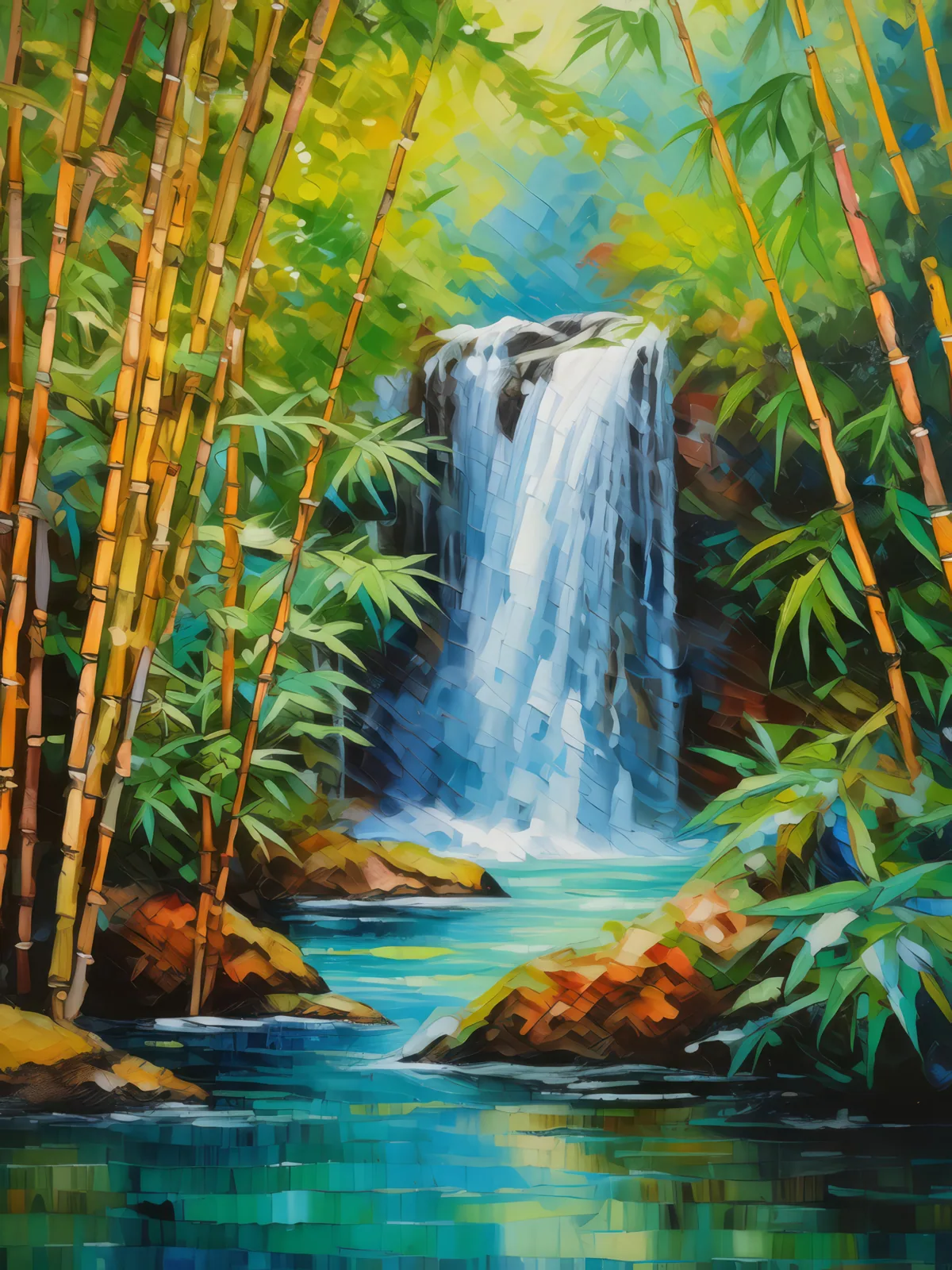 Waterfall in a Bamboo Grove, a palette-knife oil landscape by Emma Mickelberg