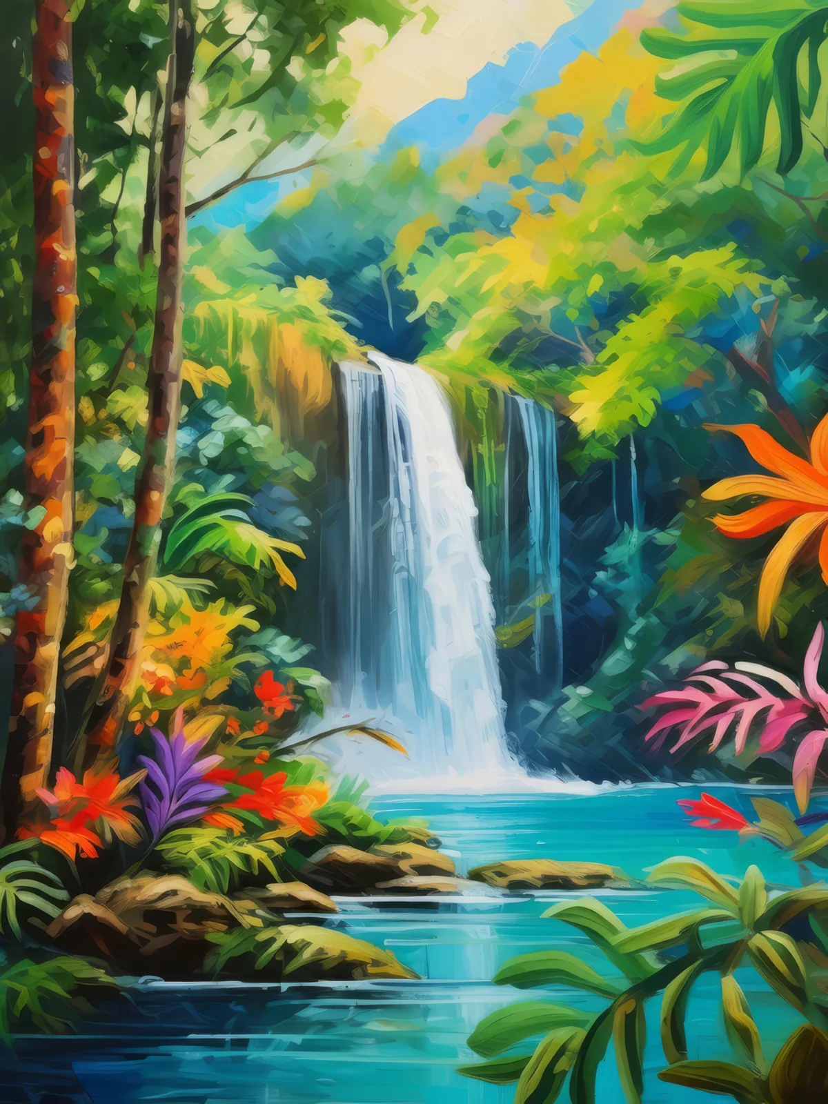 Waterfall in a Rainforest, a palette-knife oil landscape by Emma Mickelberg