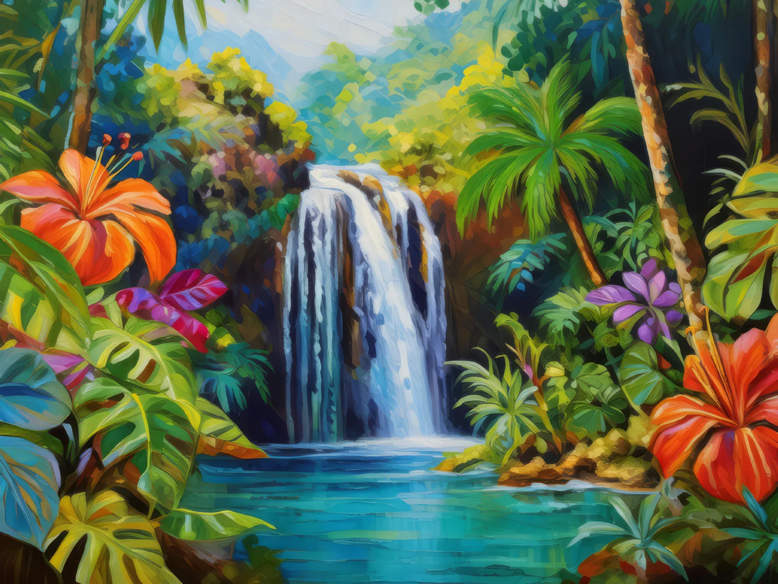 Waterfall in a Tropical Paradise, a palette-knife oil landscape by Emma Mickelberg