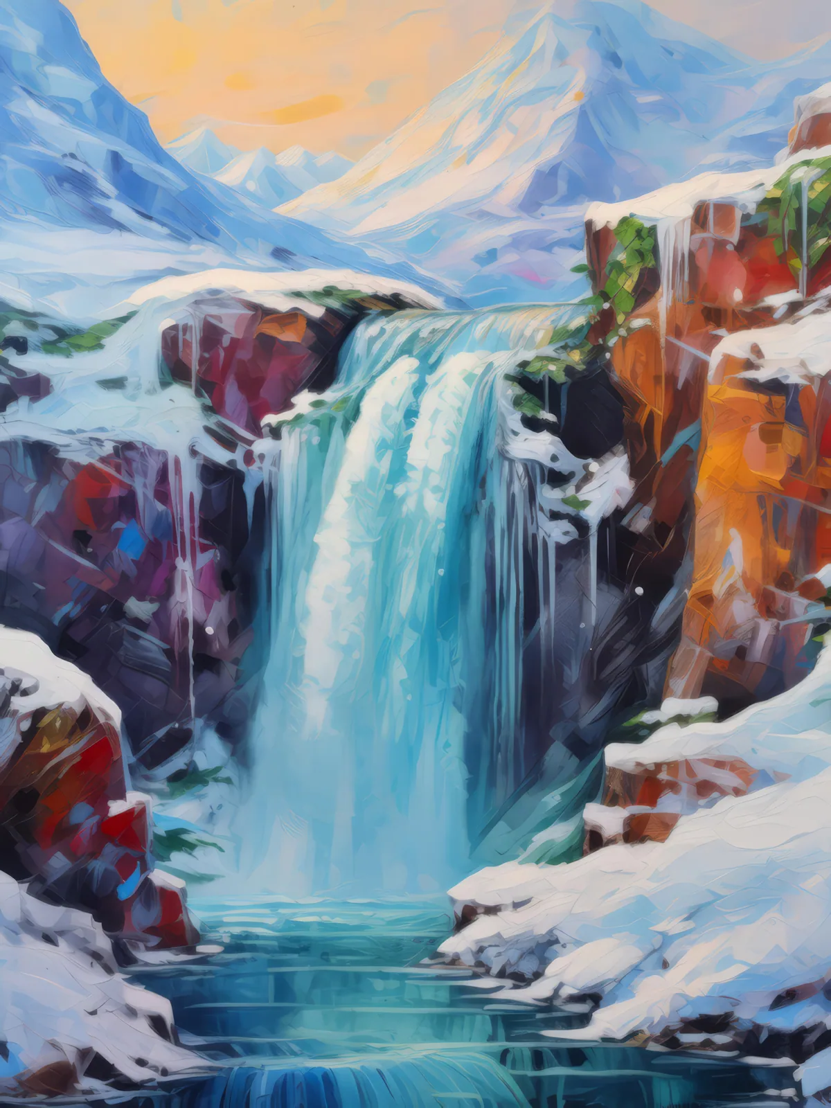 Waterfall in Arctic Region, a palette-knife oil landscape by Emma Mickelberg