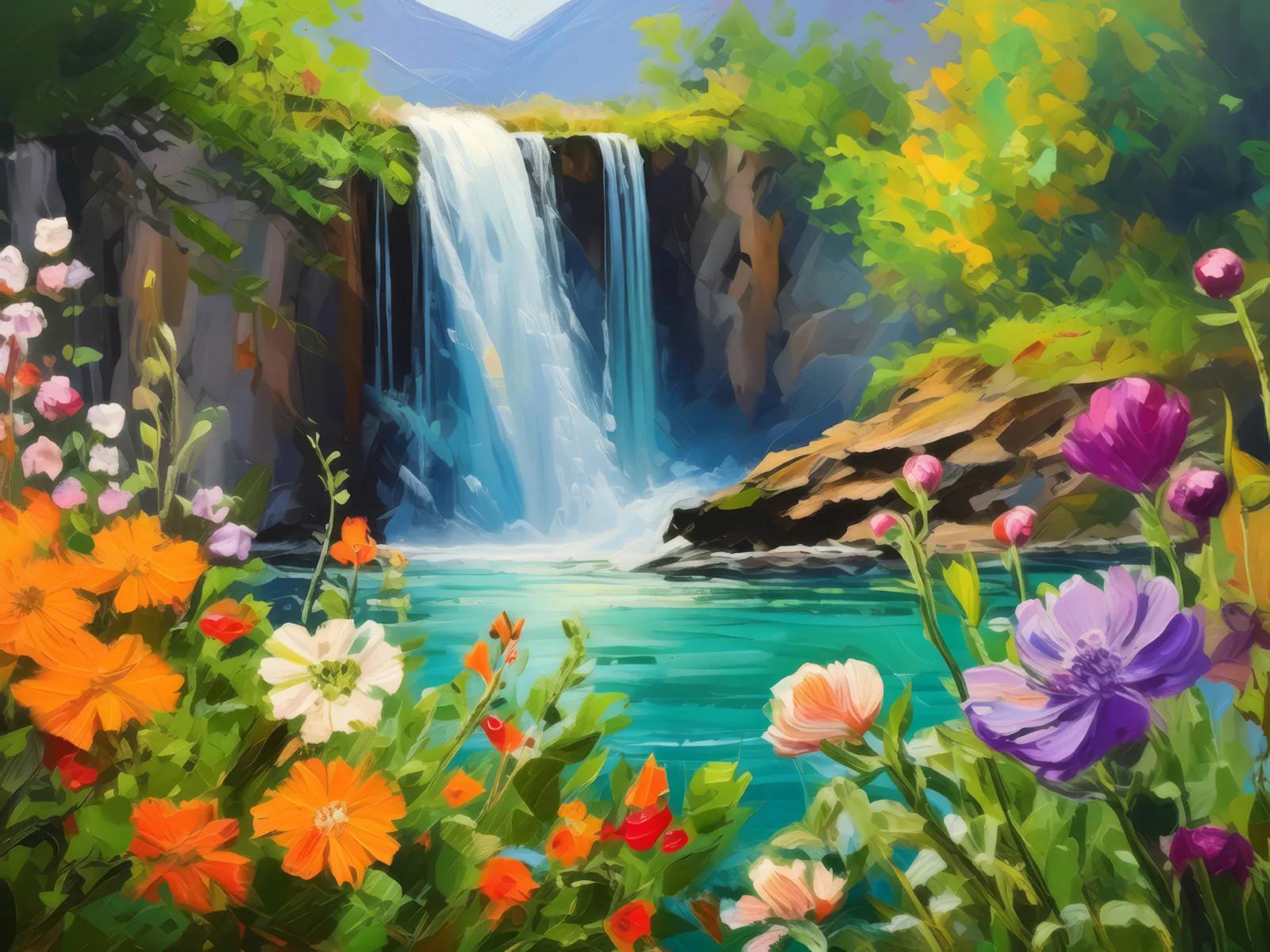 Waterfall in Blooming Spring, a palette-knife oil landscape by Emma Mickelberg