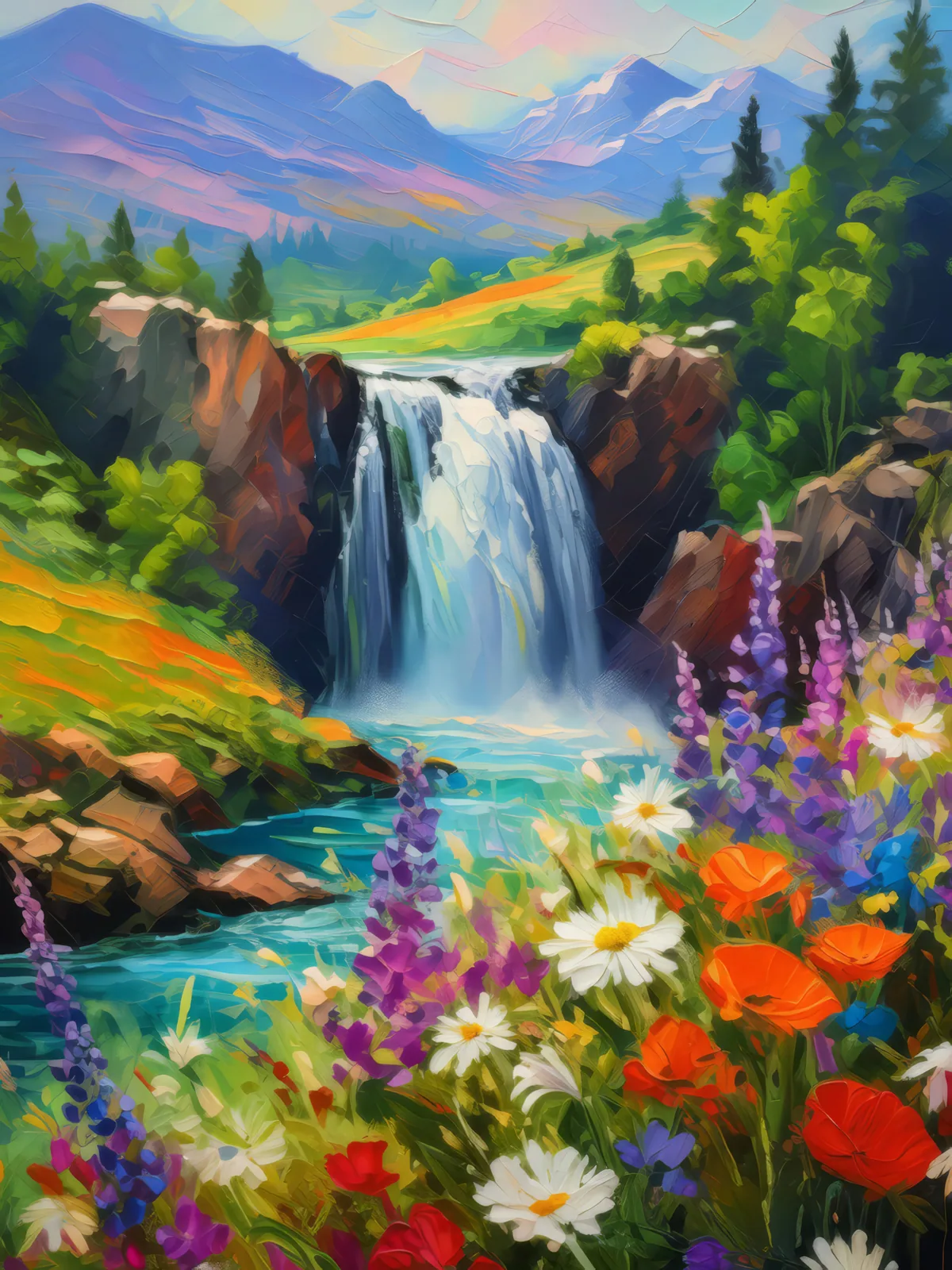 Waterfall in Blooming Valley, a palette-knife oil landscape by Emma Mickelberg