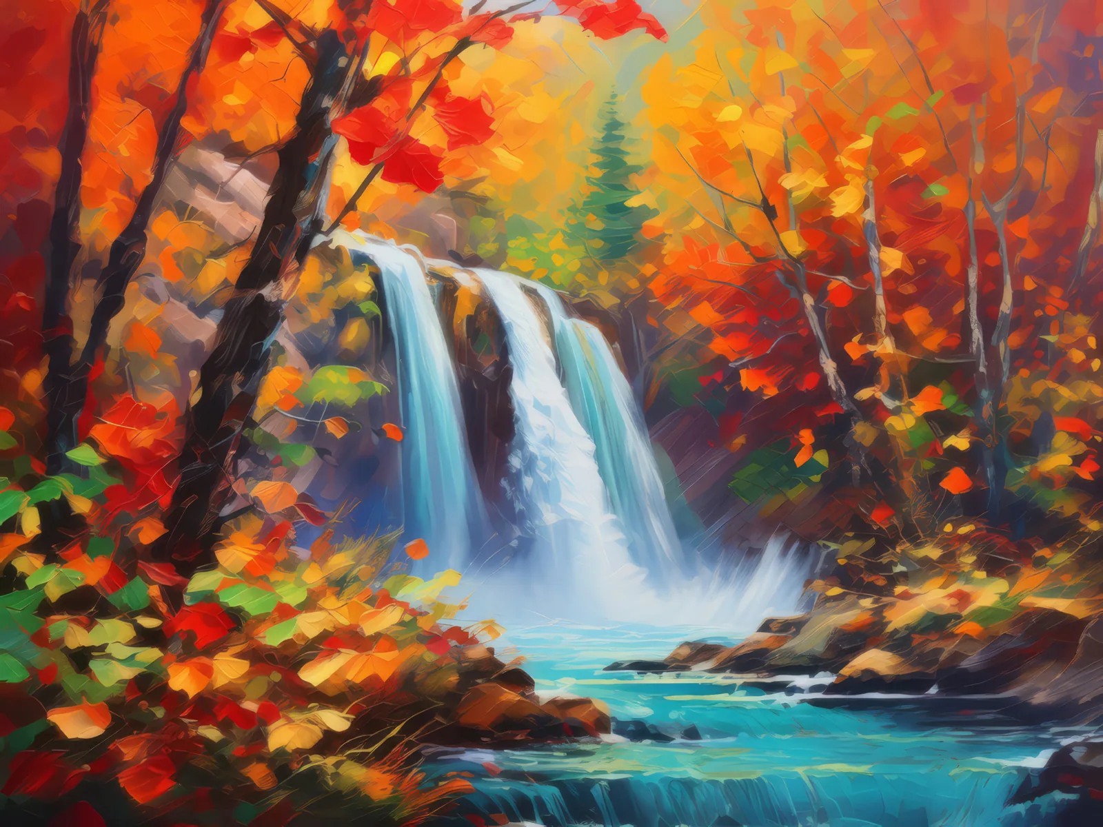 Waterfall in Fiery Autumn, a palette-knife oil landscape by Emma Mickelberg