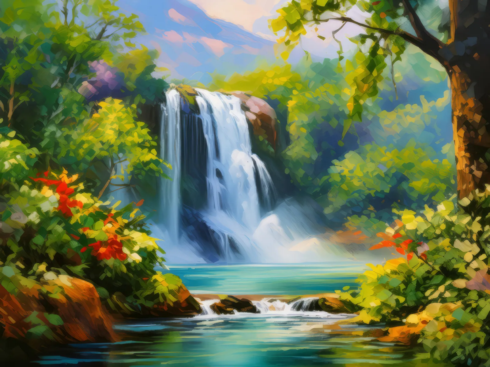 Waterfall in Misty Dawn, a palette-knife oil landscape by Emma Mickelberg