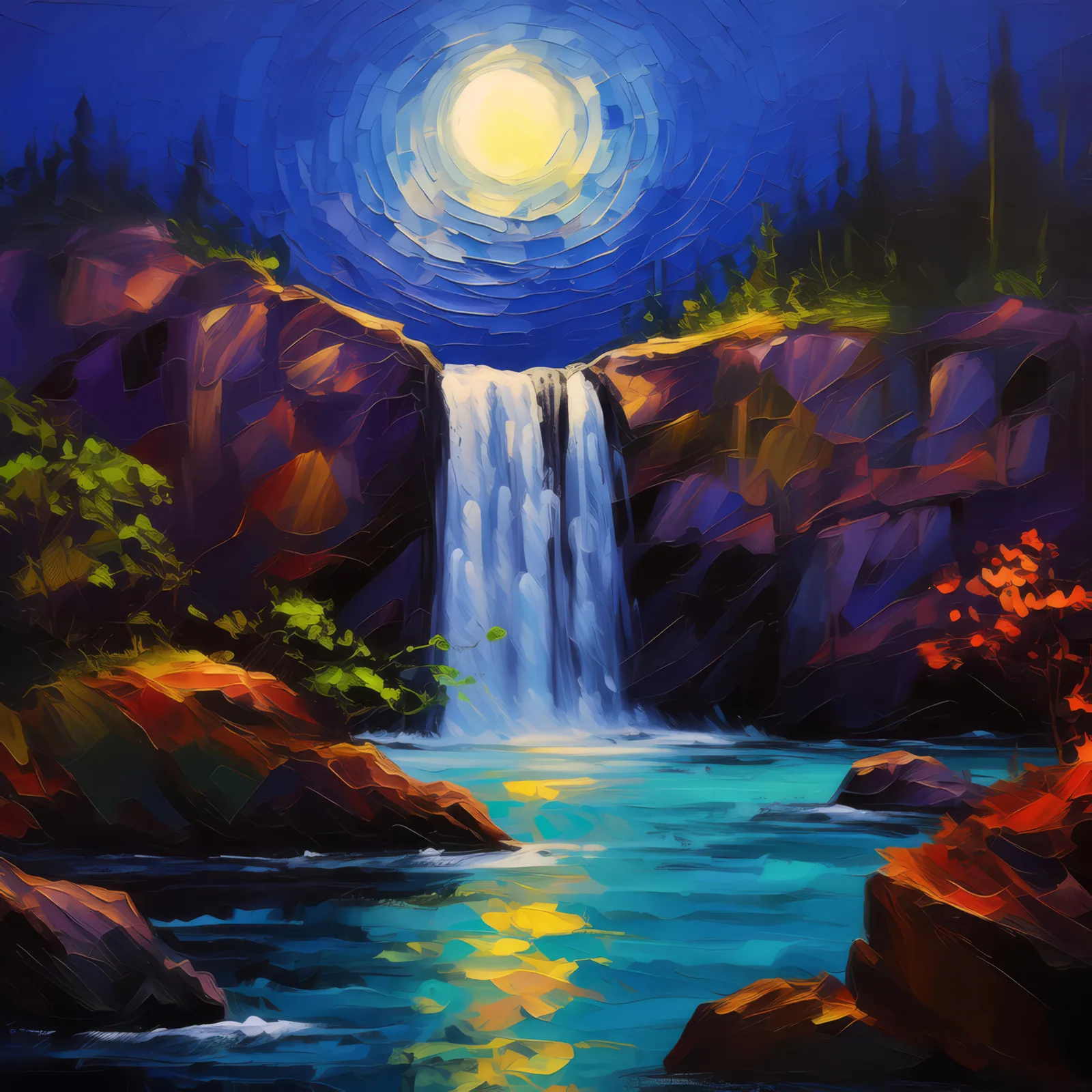 Waterfall in Moonlit Night, a palette-knife oil landscape by Emma Mickelberg