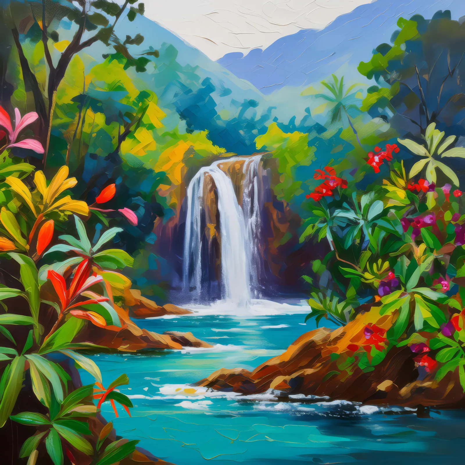 Waterfall in Mountain Jungle, a palette-knife oil landscape by Emma Mickelberg