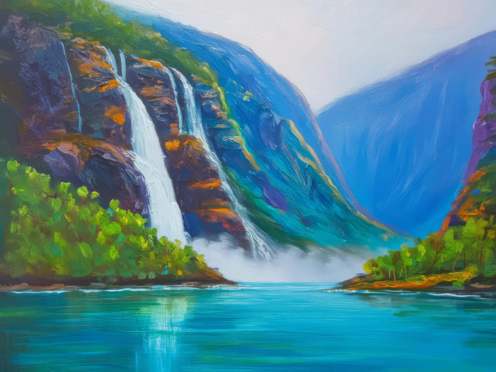 Waterfall in the Misty Fjords, a palette-knife oil landscape by Emma Mickelberg