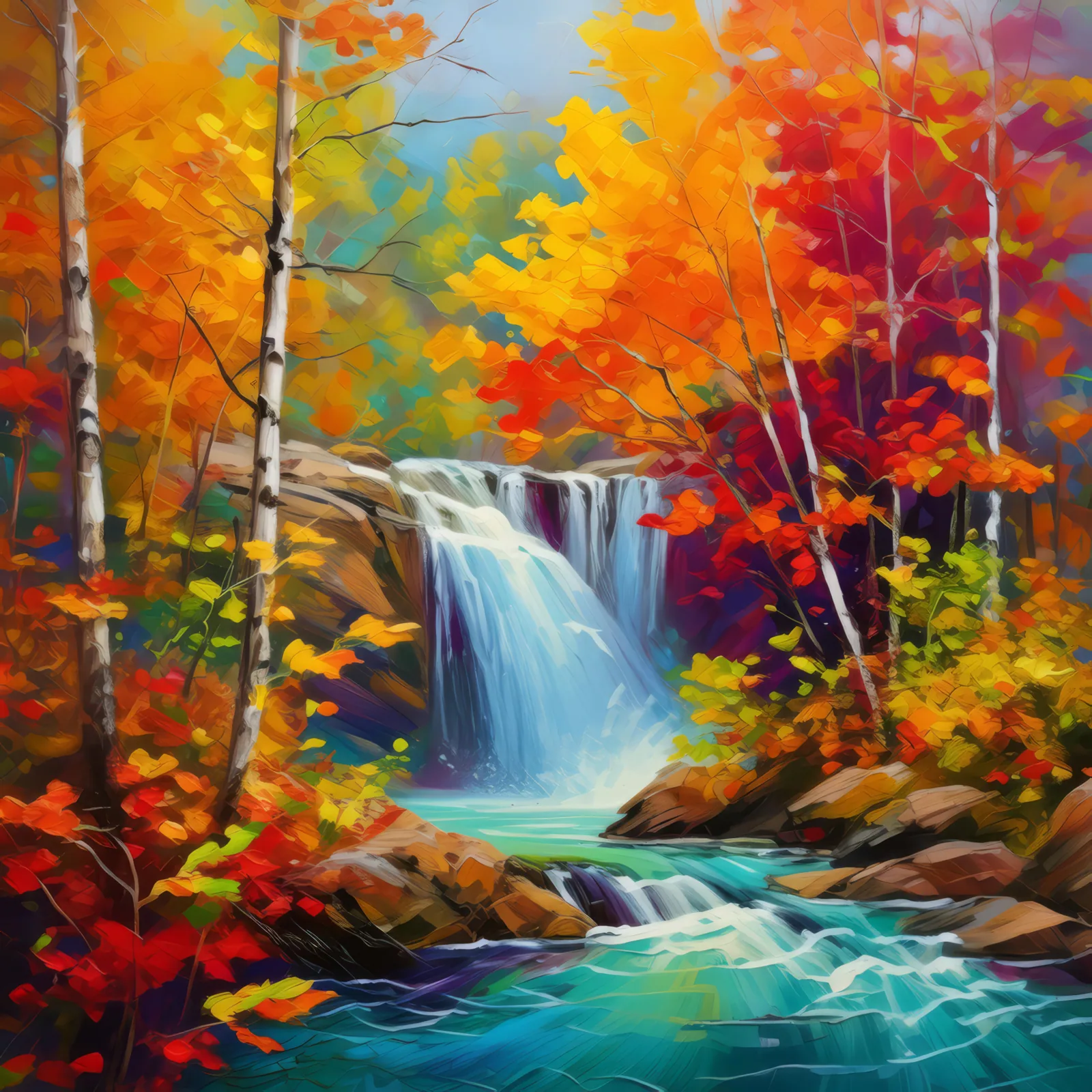 Waterfall in Vibrant Autumn, a palette-knife oil landscape by Emma Mickelberg