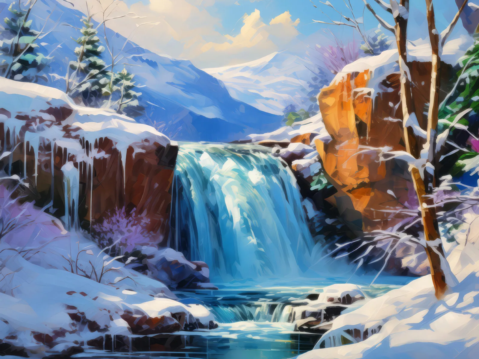 Waterfall in Winter Wonderland, a palette-knife oil landscape by Emma Mickelberg