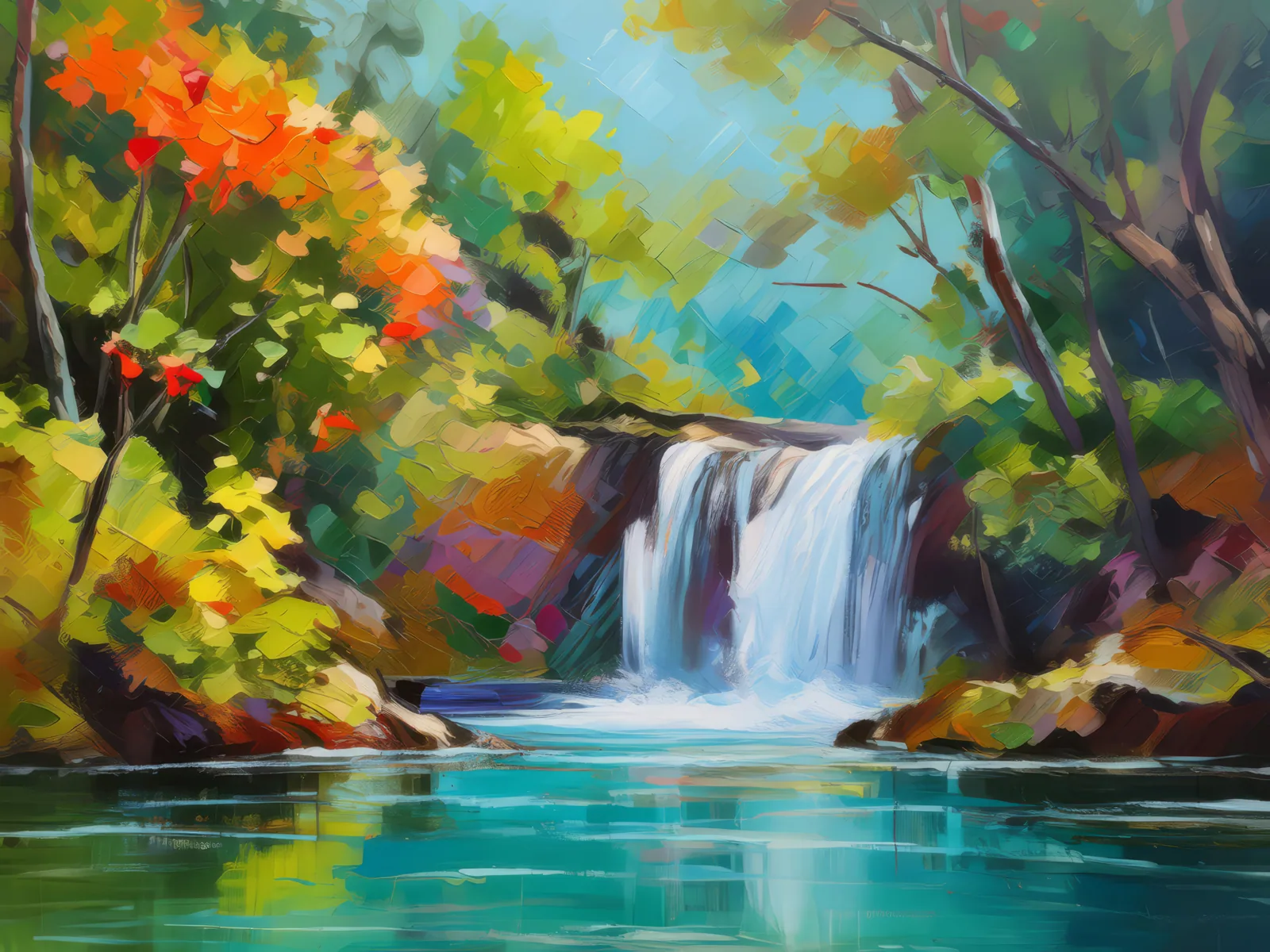 Waterfall of the Hidden Cove, a palette-knife oil landscape by Emma Mickelberg