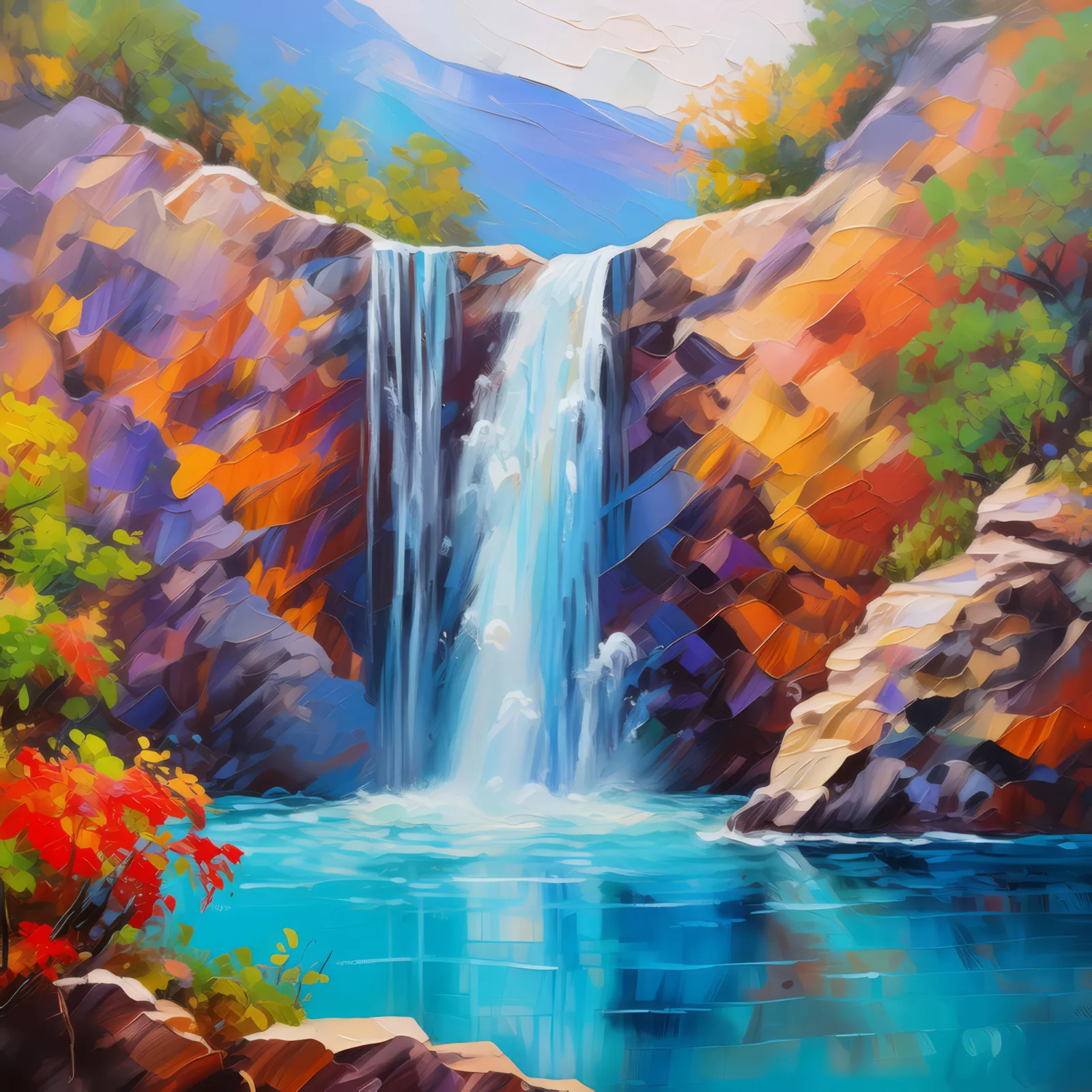 Waterfall on Rocky Cliff, a palette-knife oil landscape by Emma Mickelberg