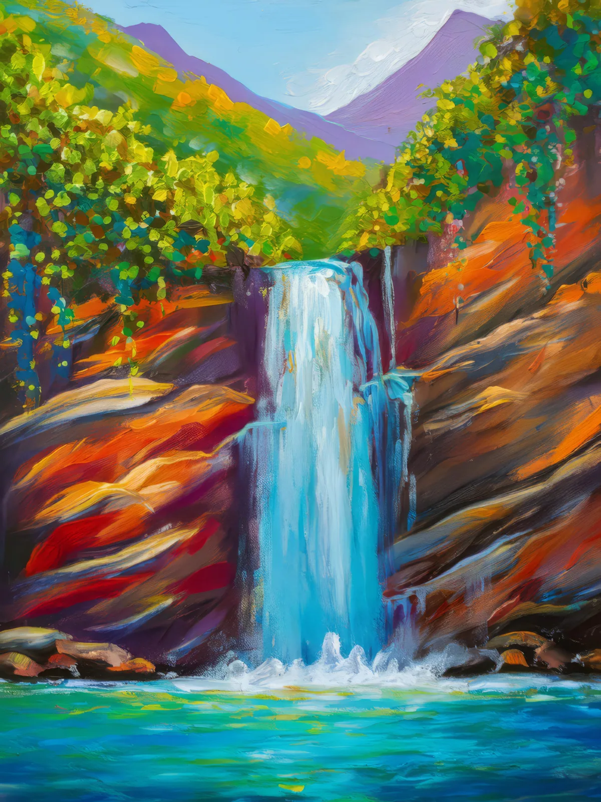 Waterfall on Tropical Cliff, a palette-knife oil landscape by Emma Mickelberg
