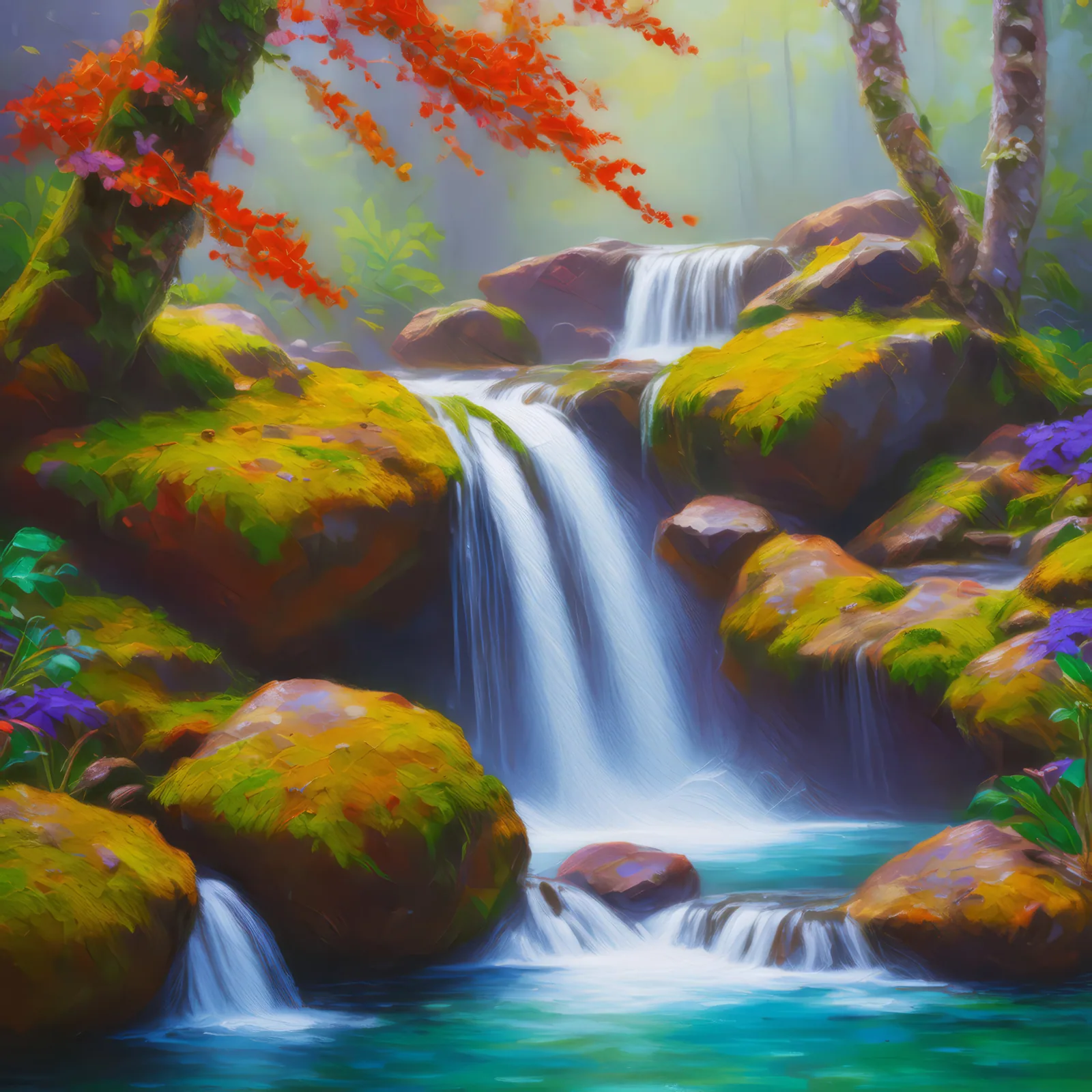 Waterfall Over Ancient Stones, a palette-knife oil landscape by Emma Mickelberg