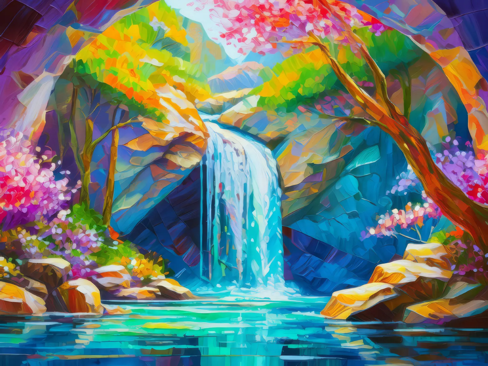 Waterfall Over Crystalline Cave, a palette-knife oil landscape by Emma Mickelberg