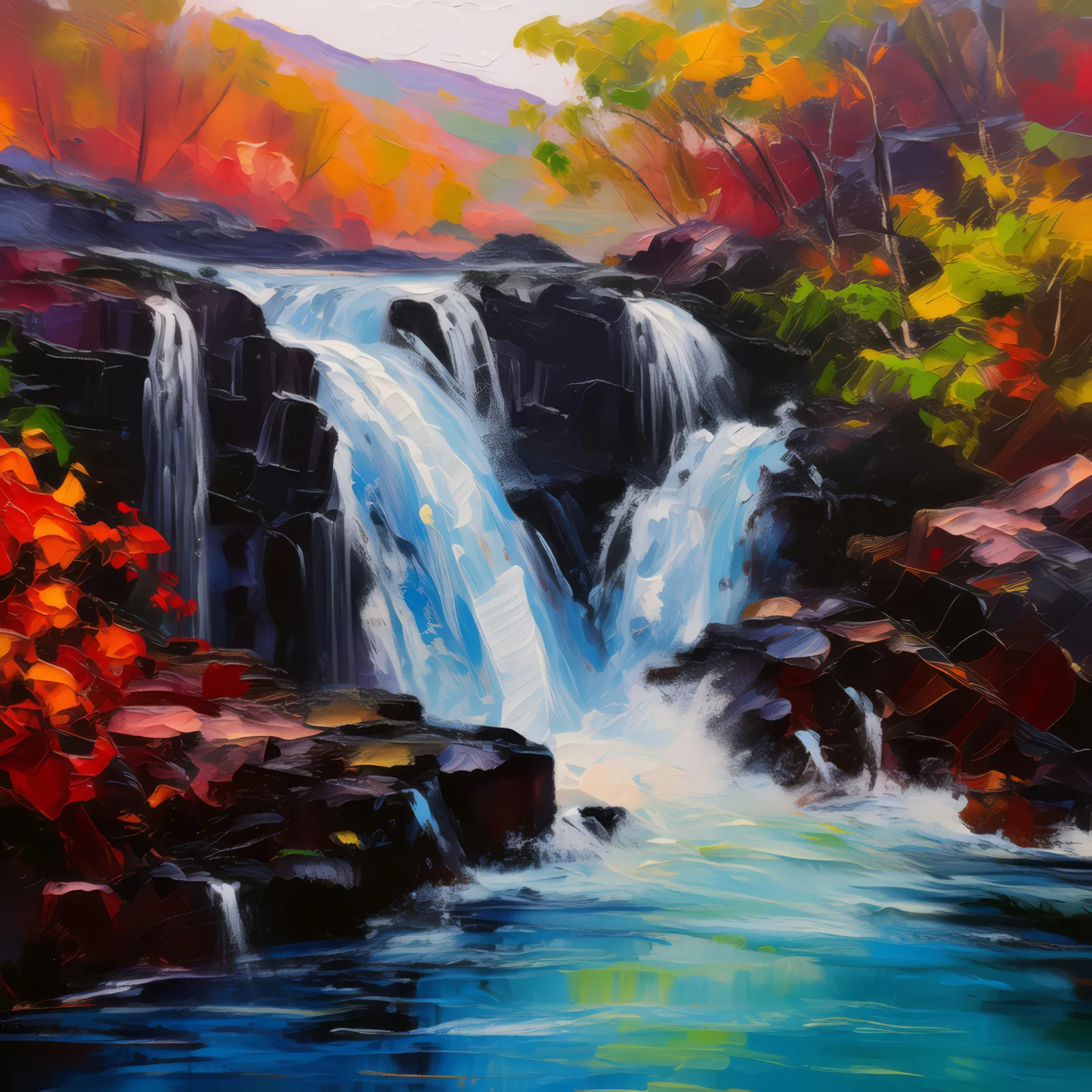 Waterfall Over Lava Rocks, a palette-knife oil landscape by Emma Mickelberg