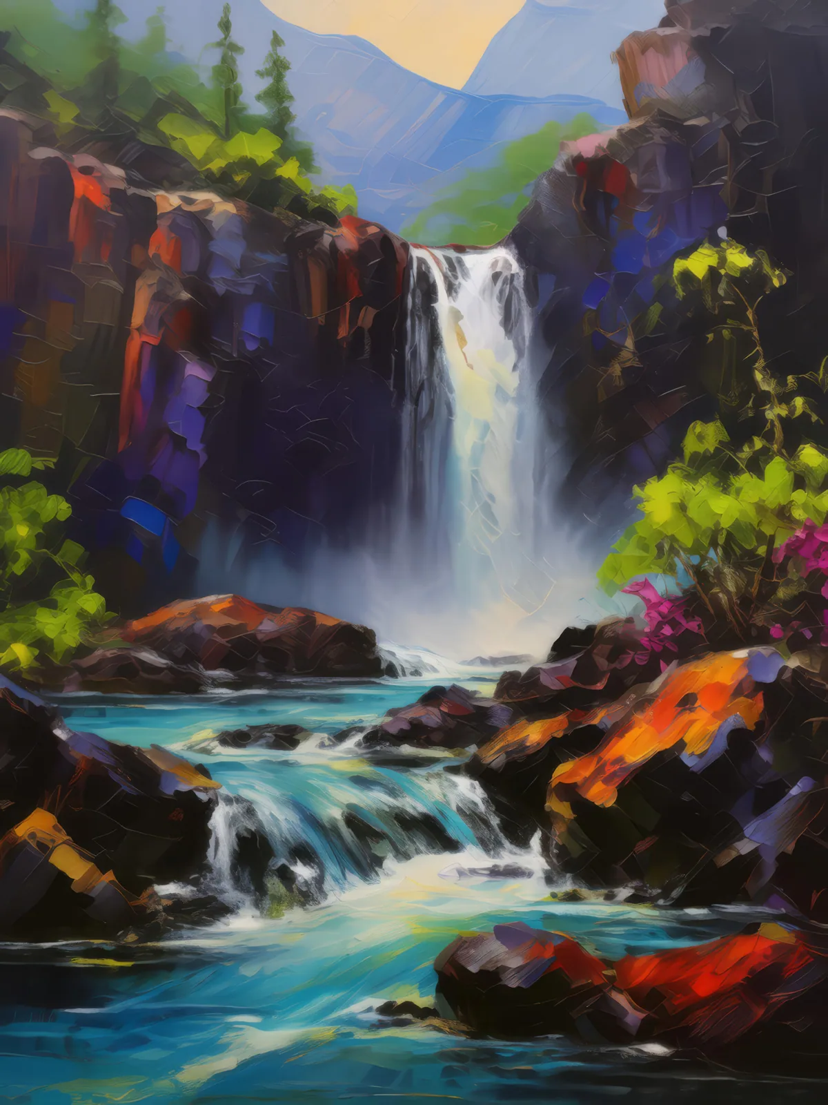 Waterfall Over Volcanic Rocks, a palette-knife oil landscape by Emma Mickelberg