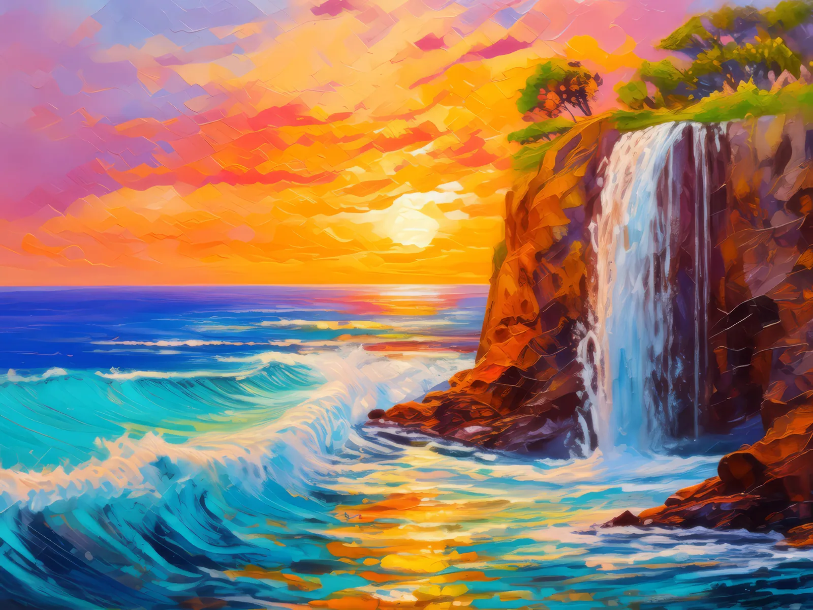 Waterfall Overlooking the Sea, a palette-knife oil landscape by Emma Mickelberg