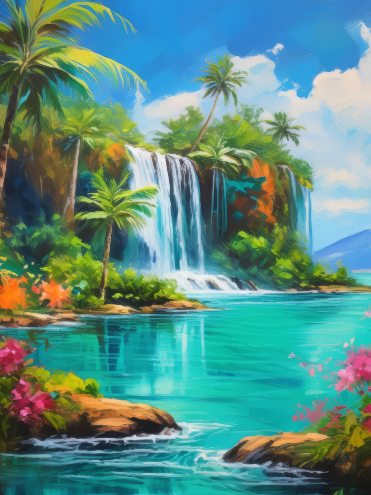 Waterfall Paradise Island, a palette-knife oil landscape by Emma Mickelberg