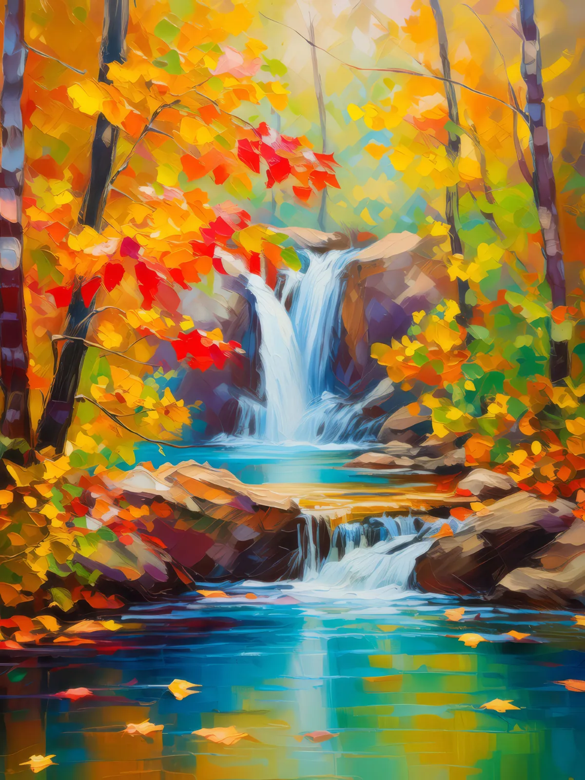 Waterfall Through Autumn Leaves, a palette-knife oil landscape by Emma Mickelberg