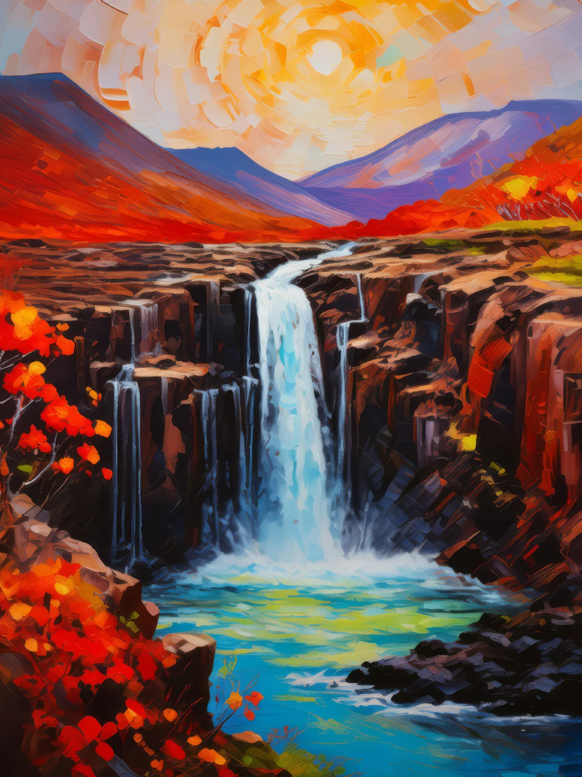 Waterfall Through Lava Field, a palette-knife oil landscape by Emma Mickelberg