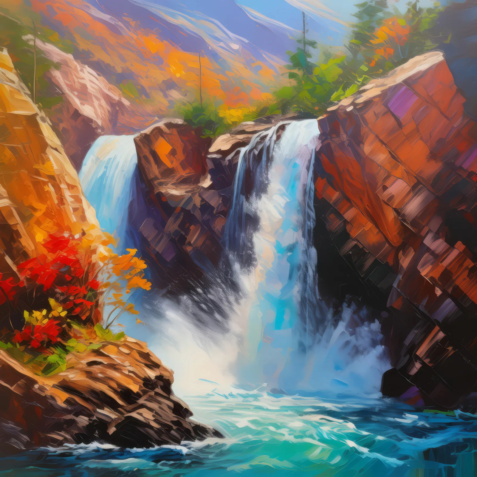 Waterfall Through Rocky Gorge, a palette-knife oil landscape by Emma Mickelberg